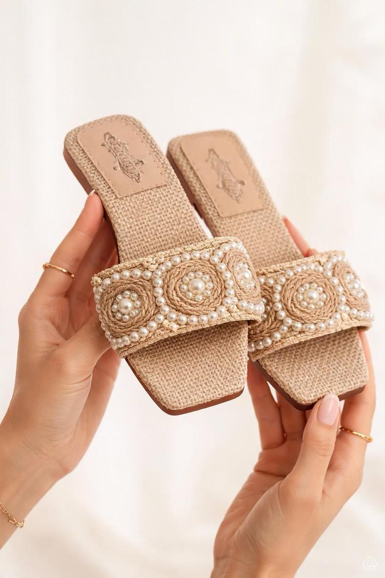 Sandalia Plana María José en Yute con Perlas | Comodidad y Elegancia para Mujer🌸(●'◡'●)